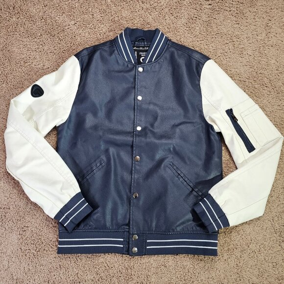 Fried Denim NYC Varsity Jacket Mens M Blue Faux Leather Preppy Bomber EUC - Picture 1 of 7